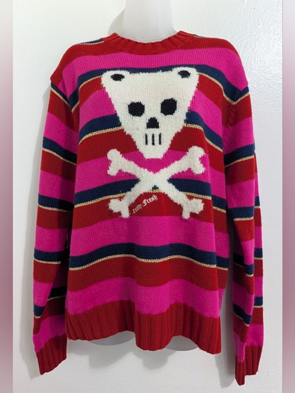 Teddy Fresh Whimsical Playful Colorful Graphic Print Skull Bear Stripe Sweater M